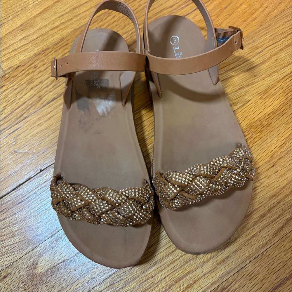 Girls' Braided Rhinestone Tan Ankle-Strap Sandals
